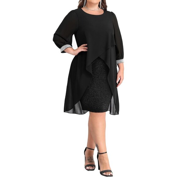 Plus Size Cocktail Dress Chiffon Cape Glitter Evening Party Wedding Guest - Picture 1 of 5